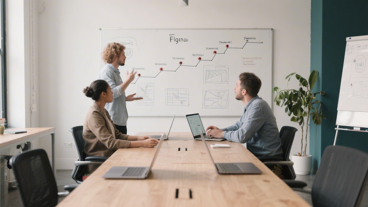 Modern learning space with a long table, laptops open to Figma, designers discussing wireframes, and a whiteboard showing project milestones and workflow steps.
