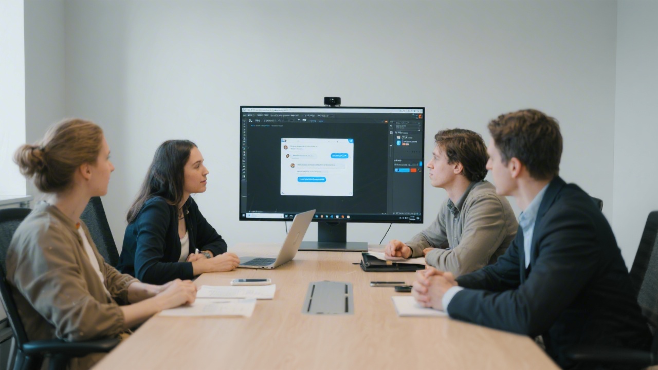 Small group of designers around a table reviewing a shared Figma file on a large monitor, discussing handoff, comments, and version history in a professional training room.
