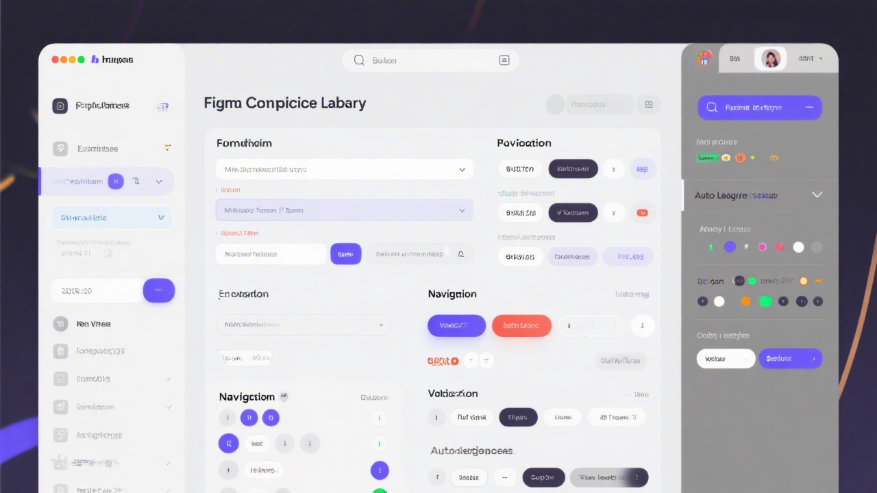 Close-up of a Figma component library showing buttons, forms, and navigation elements with variant controls and auto layout settings in a clean interface.