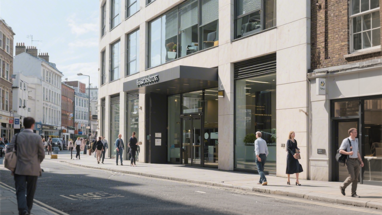 Exterior view of a Dublin city street with a modern office entrance, signage visible, people walking by, and a professional urban setting in daylight.
