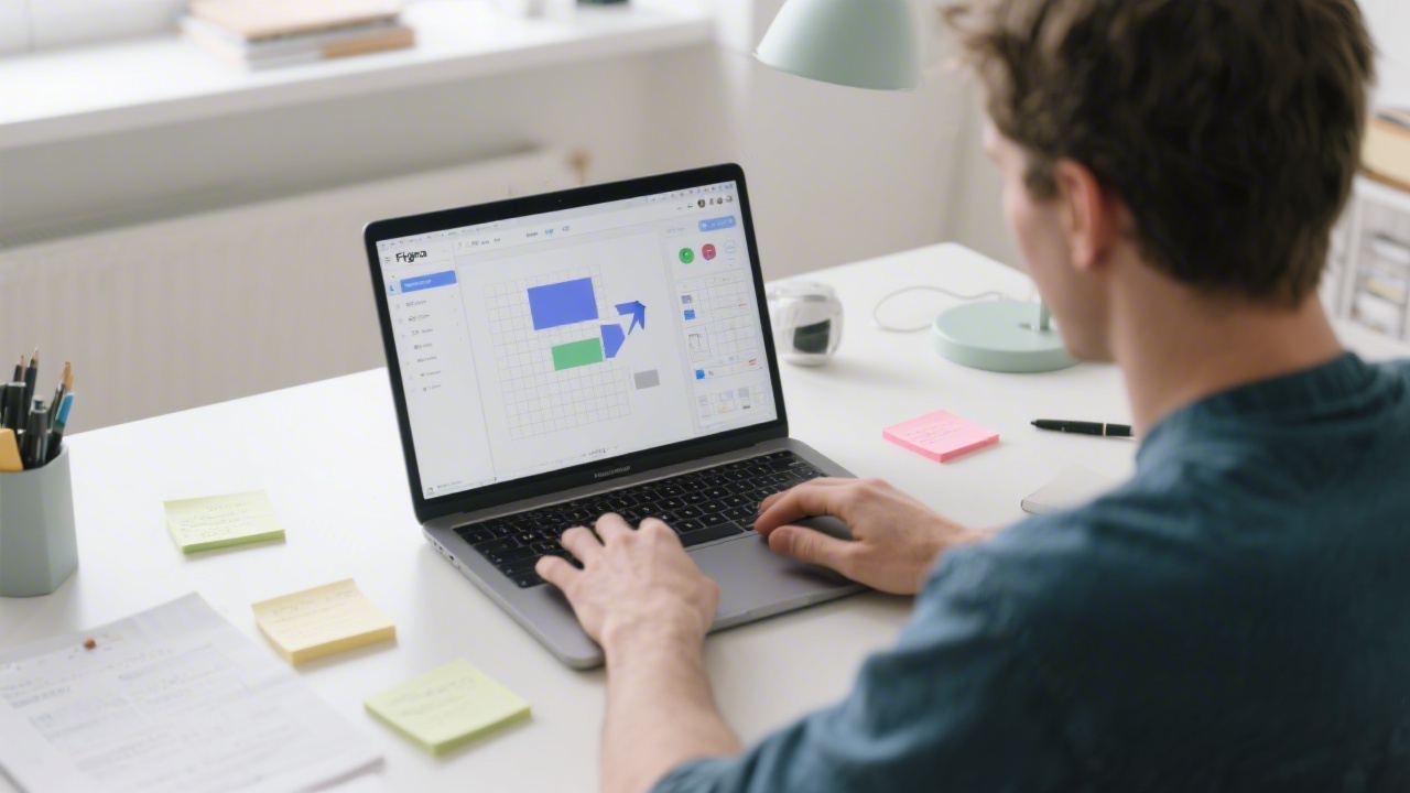 Designer working in a bright Dublin studio, focused on a laptop showing Figma interface with components, grids, and prototype arrows, modern desk setup, collaborative notes nearby.