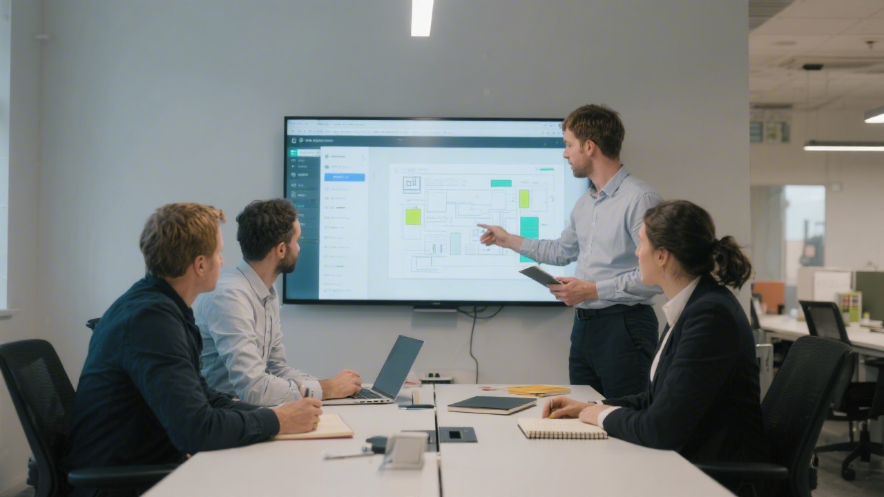 Design professionals in a Dublin office reviewing interface layouts on a large screen, focused expressions and notebooks visible, collaborative atmosphere with soft lighting and tidy desks.