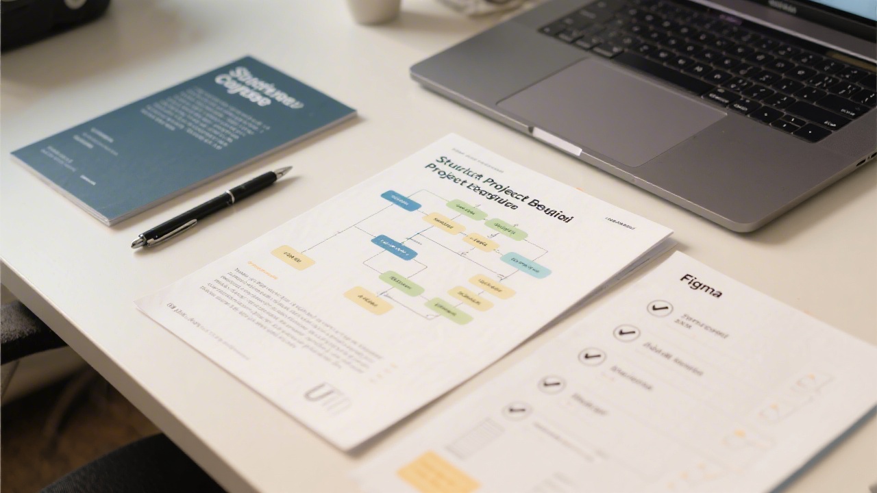 Close-up of course materials including structured project brief, UX flow charts, and Figma checklists laid out on a desk with a laptop and pen.