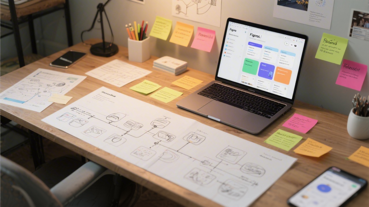 Design desk with printed user flow sketches, sticky notes, and a laptop showing Figma boards arranged from research to final UI, highlighting a full project timeline.