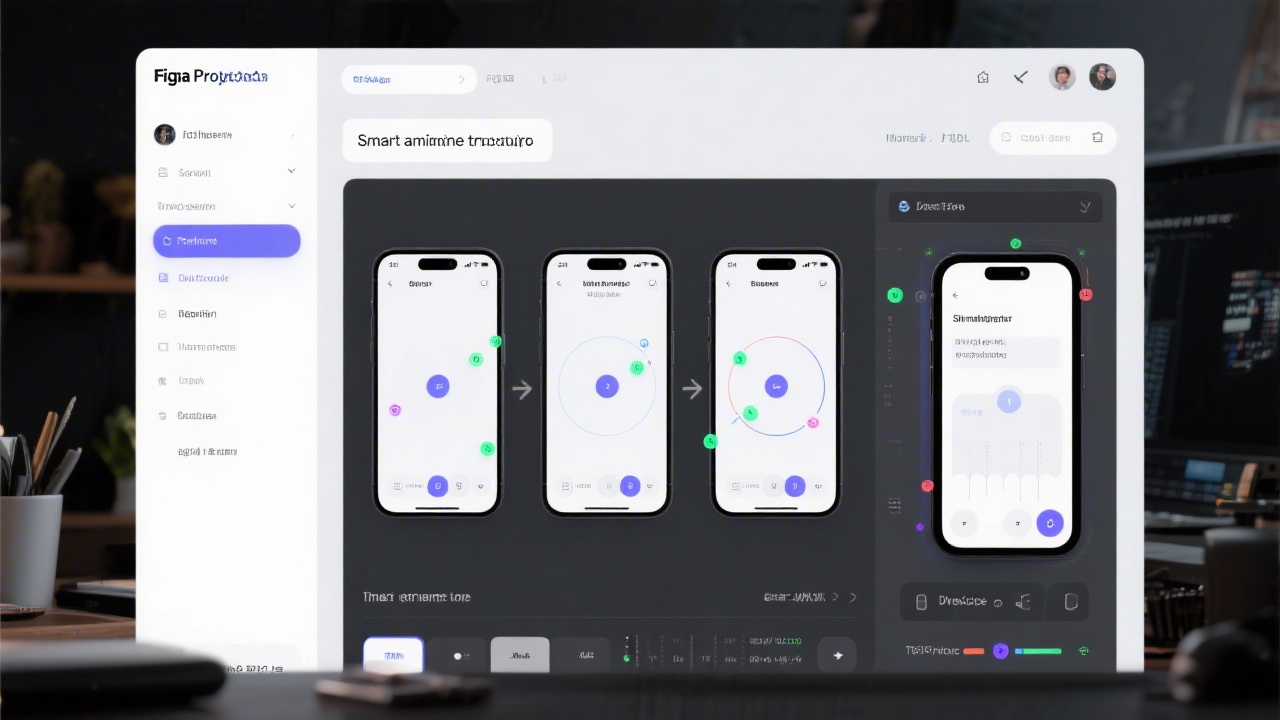 Figma prototype panel with smart animate transitions between mobile screens, showing interaction hotspots, easing settings, and preview device frame on a dark workspace.