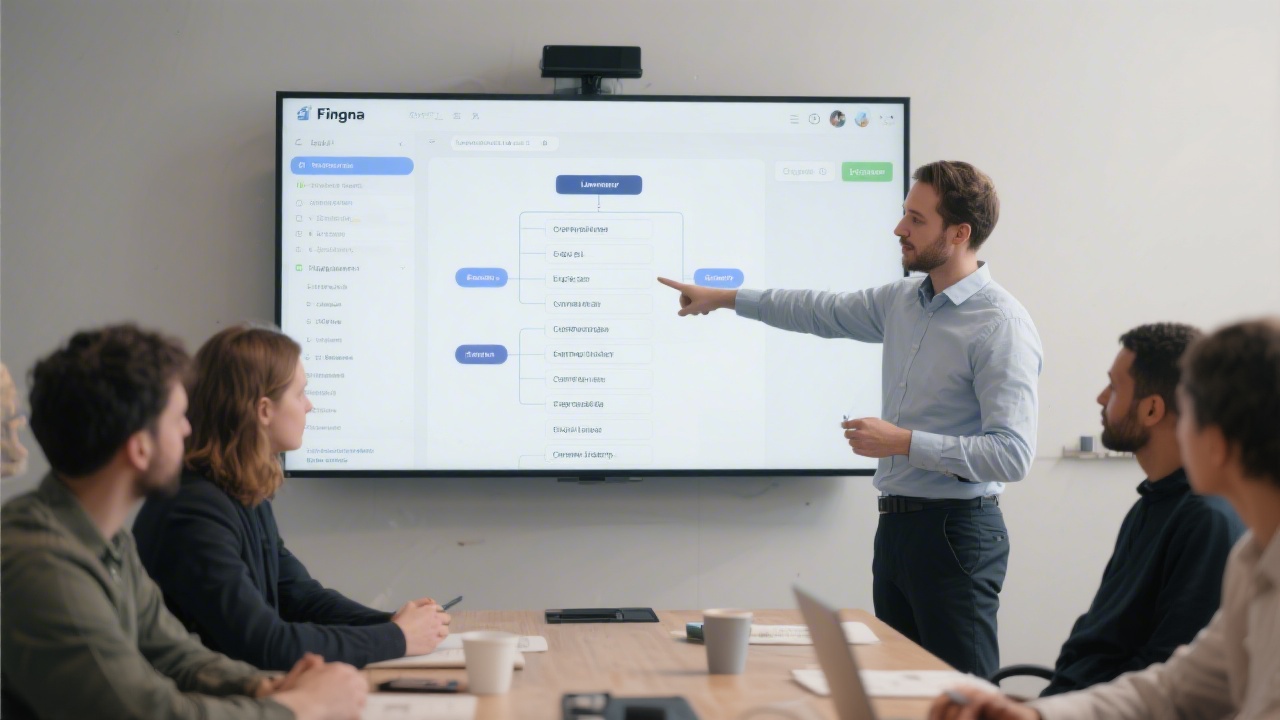 Consultant reviewing a Figma file structure on a large screen with a product team, pointing at layer naming and component hierarchy, professional workshop setting.