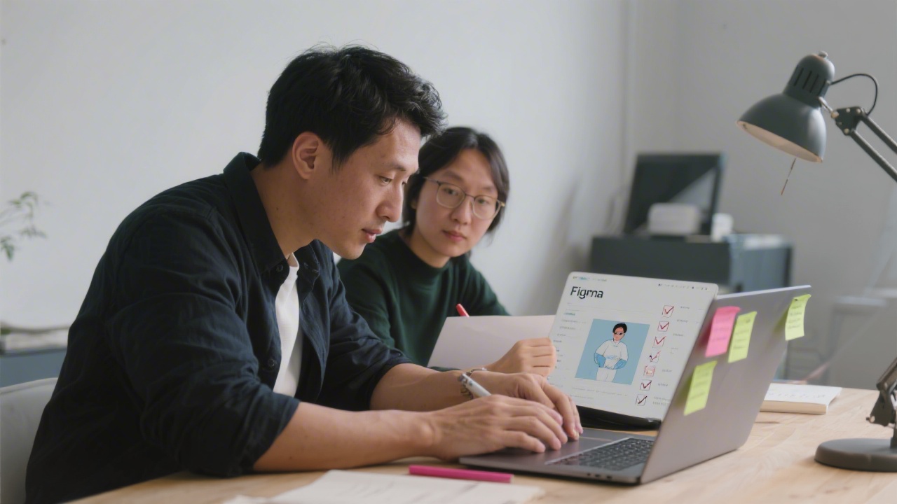Mentor reviewing a student’s Figma project on a laptop, with notes and checklists visible, focused working environment in a quiet studio.
