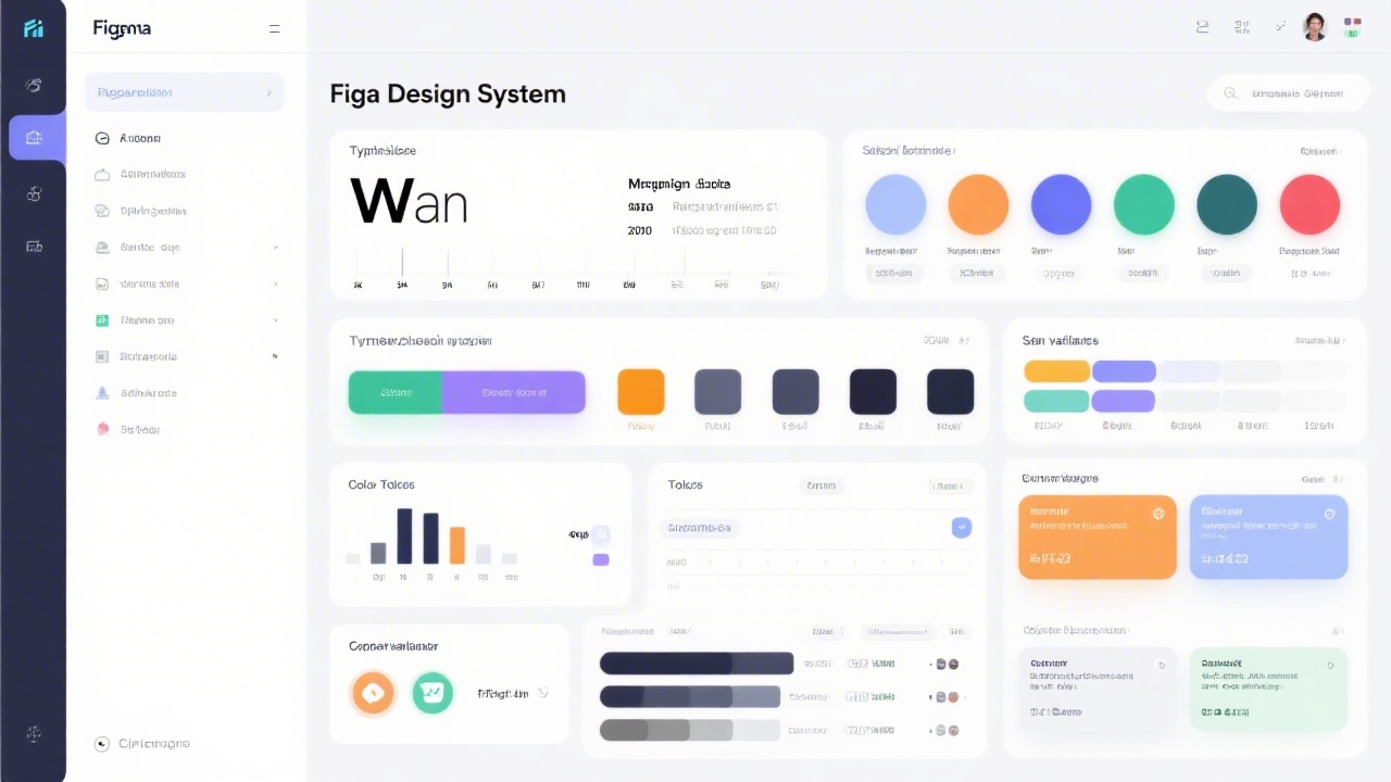 Figma design system board showing typography scales, color tokens, spacing variables, and component documentation cards, presented in a clear grid layout.